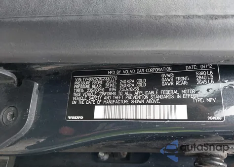 2012 Volvo Xc60 T6/T6 Platinum/T6 Premier Plus/T6 R-Design/T6 R-Design Platinum/T6 R-Design Premier Plus из США, поврежденный, VIN YV4902DZ9C2337770